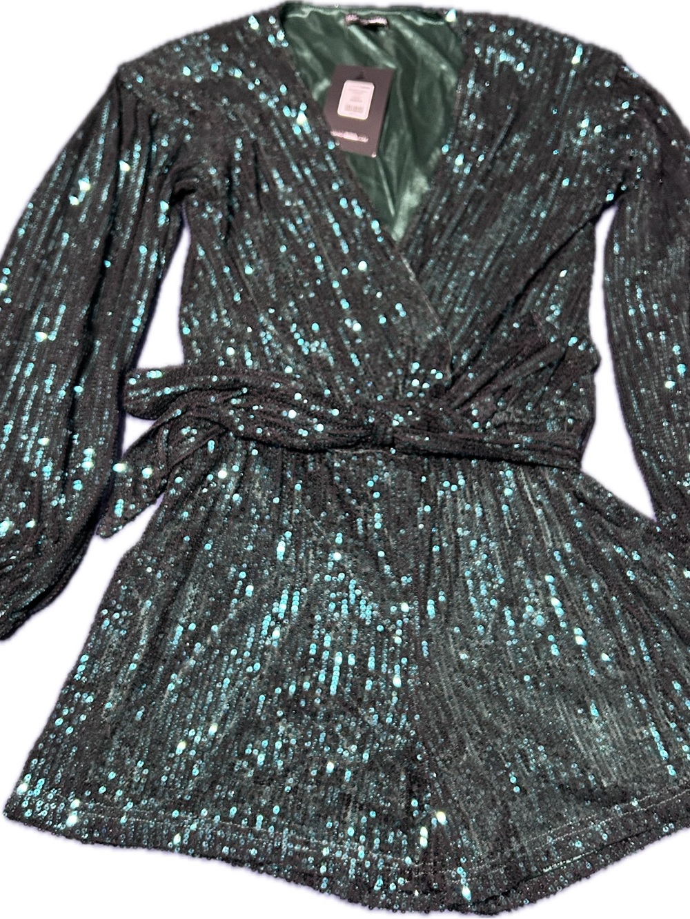 Diva Shine Sequin Wrap Romper-Emerald